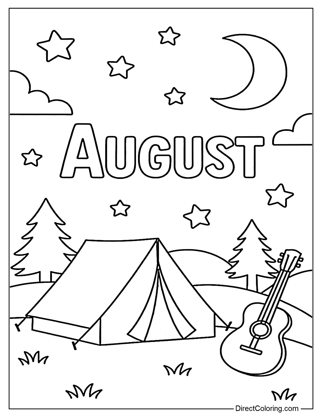 A coloring page of an August campfire scene under the moon, with a tent, guitar and stars drawn in soft lines.